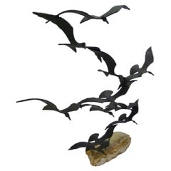 Vintage Modern Kinetic Sculpture, Bijan of California Flock of Seagulls Metal /Onyx, 70s