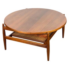 Mid Century Floating Round Cocktail Table by Jens Risom in Walnut and Cane