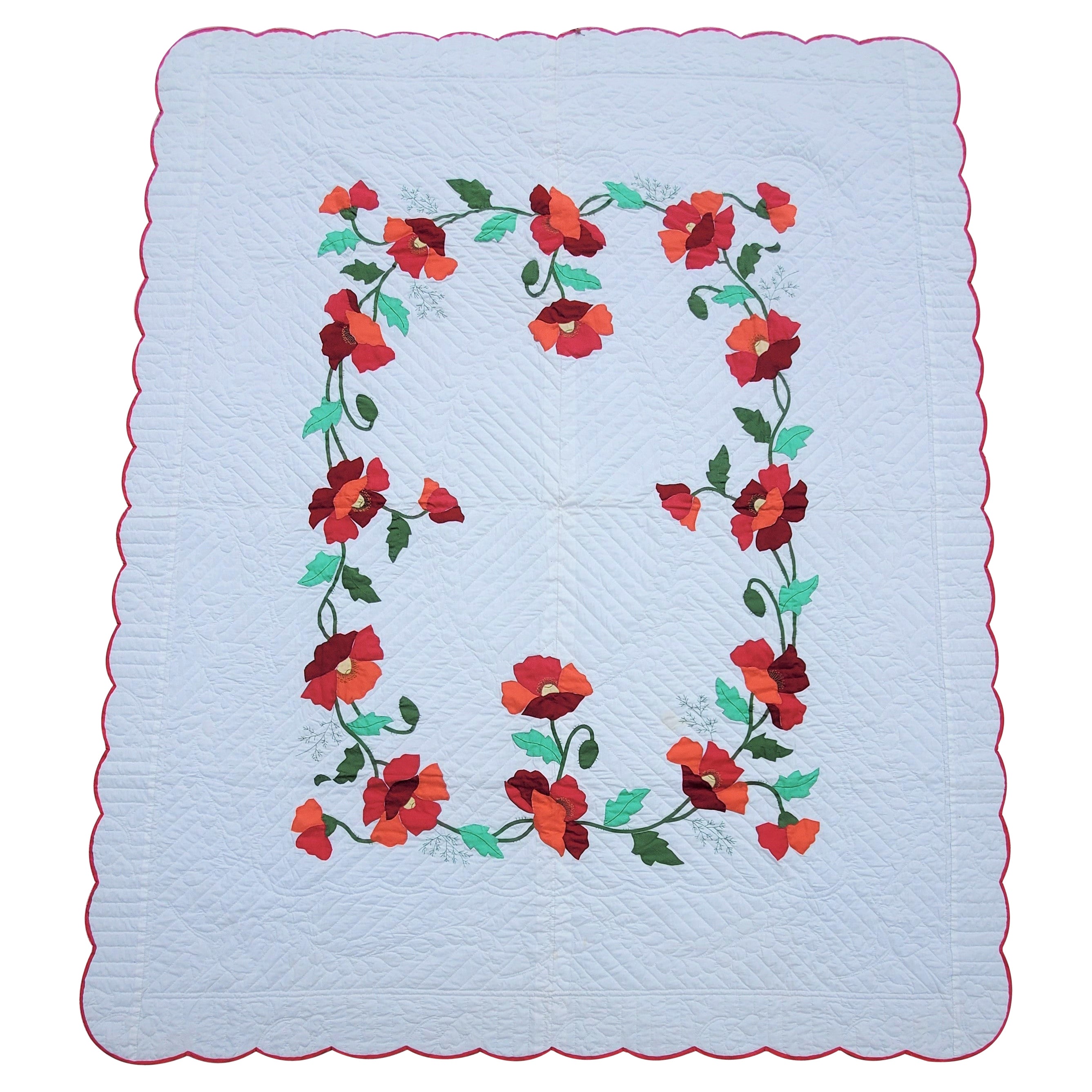 Applique Rose Quilt Signed and Dated 1989 For Sale