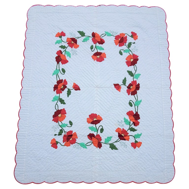 Applique Rose Quilt Signed and Dated 1989 For Sale at 1stDibs