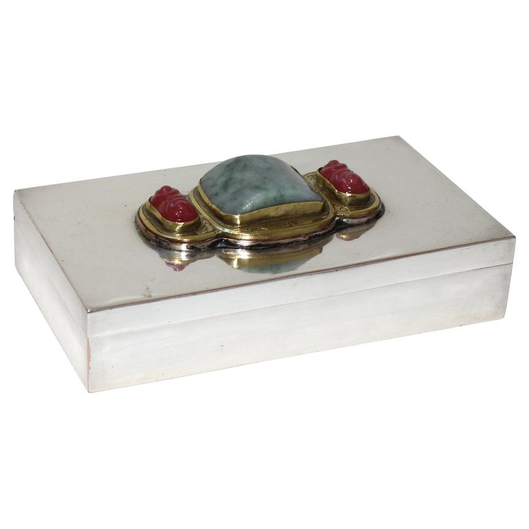 Silver Plate Storage Box with Chinese Jade For Sale
