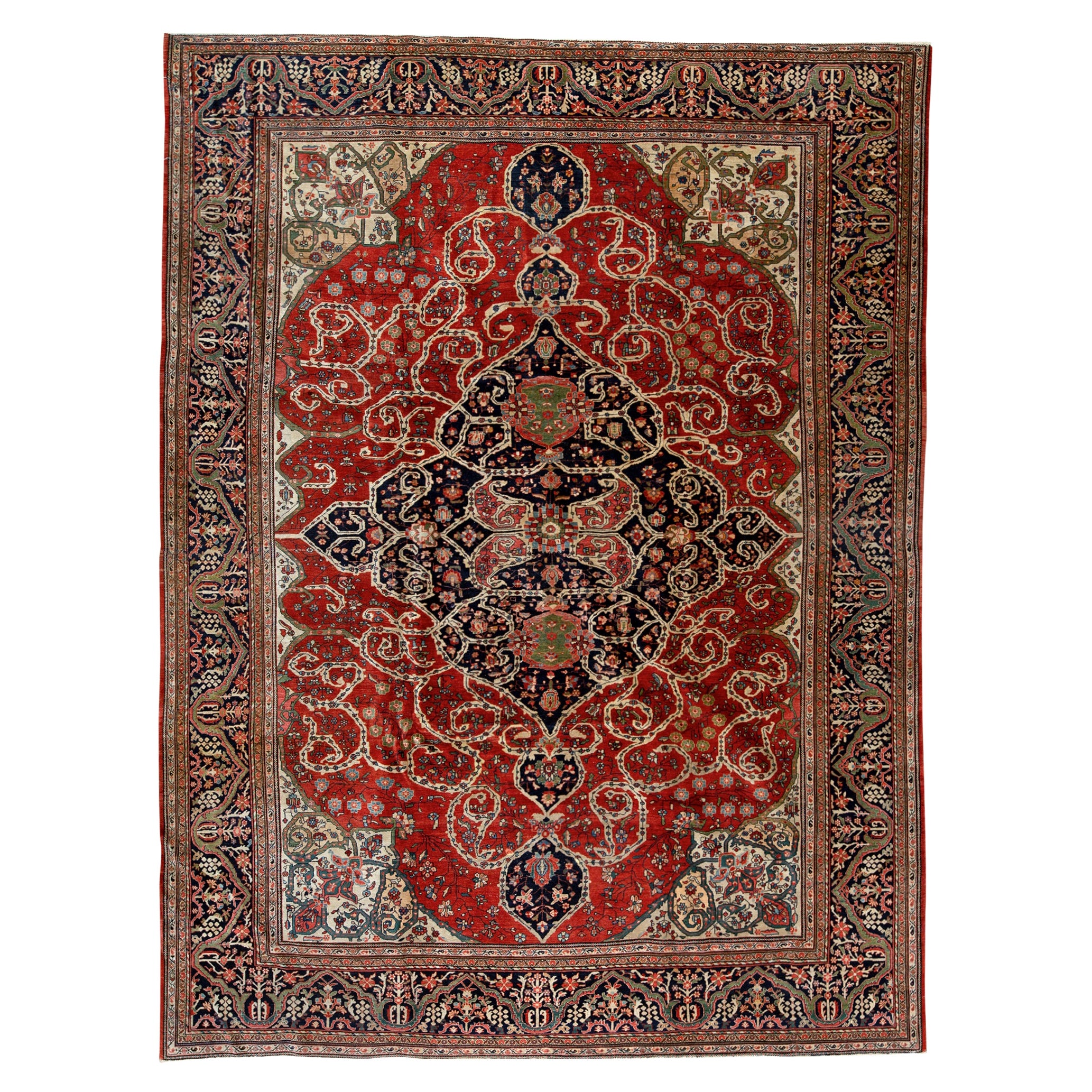 Antique Persian Fine Traditional Handwoven Luxury Wool Rust / Navy Rug For Sale