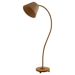 Swedish, Organic Floor Lamp, Brass, Wrapped Wood Veneer, Rattan, 1930s
