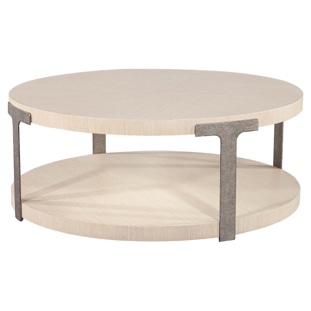 Modern Round Oak Coffee Table in Sunburst Pattern