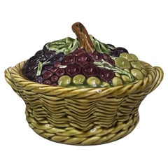 French Majolica Grapes Basket Sarreguemines, circa 1920