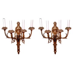 Coppia di antiche lampade da parete in bronzo impero francese, circa 1830-1850