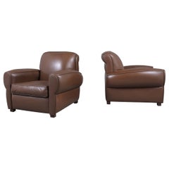 Pair of Brown Leather Art Deco Club Chairs