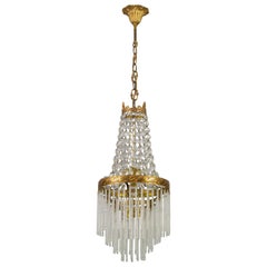 French Art Deco Style Crystal Glass and Glass Rods Three-Light Brass Chandelier