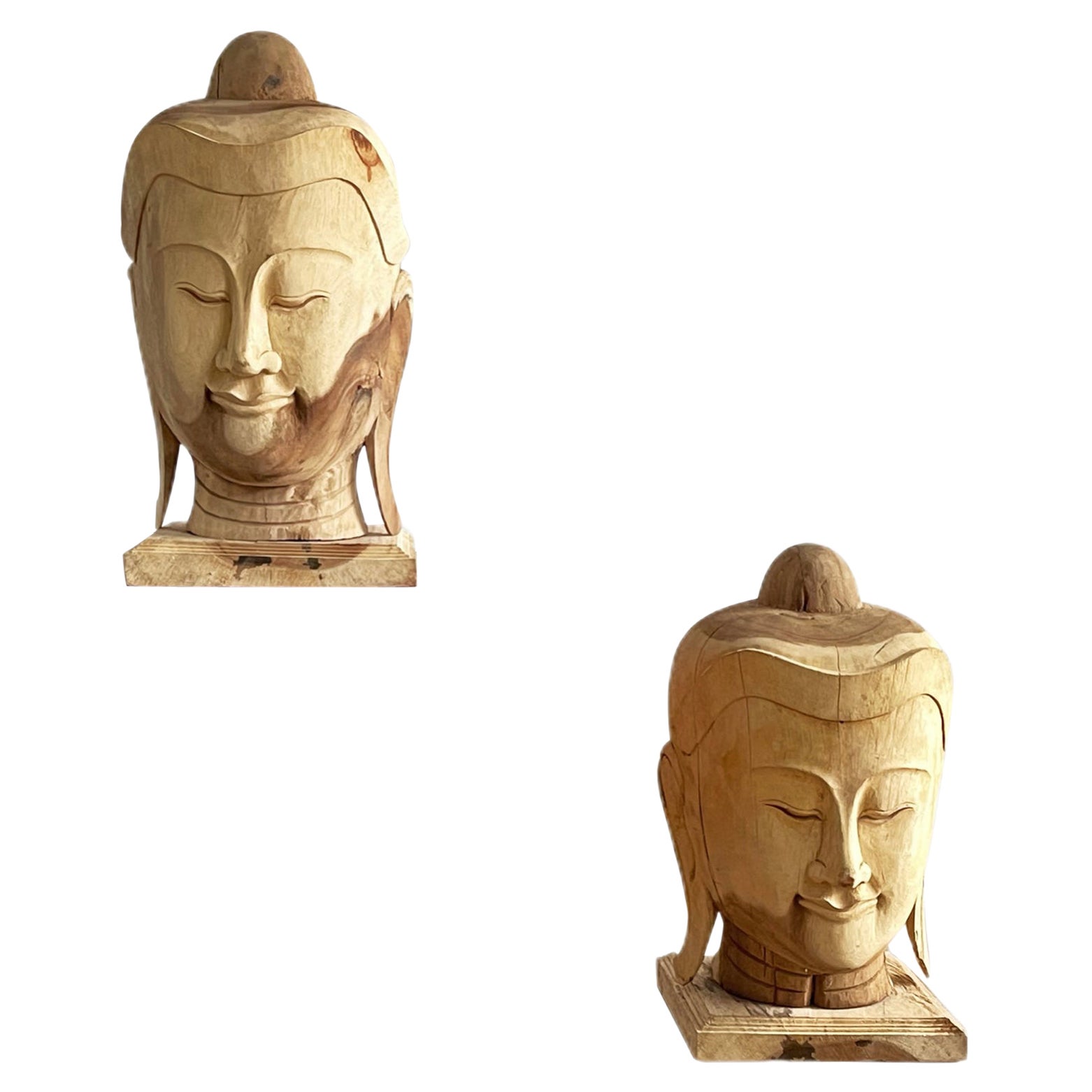 Extra Large Carved Wood Buddha Heads, Pair For Sale
