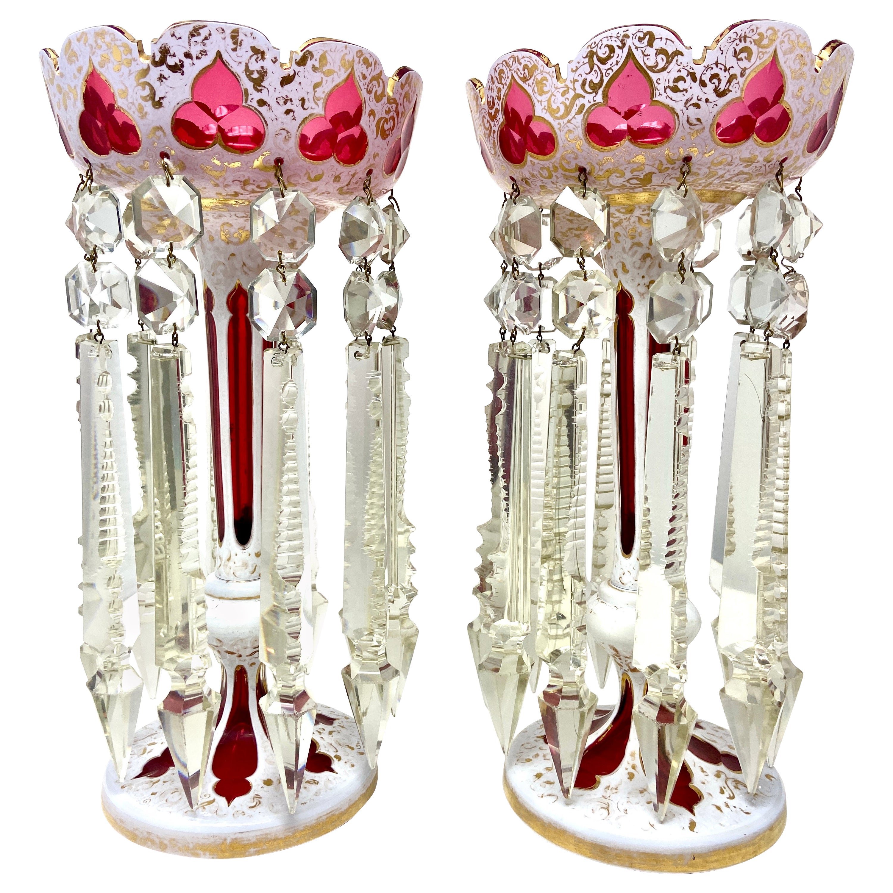 Pair Antique Bohemian Ruby, White and Clear Glass Candle Lusters, Circa 1840