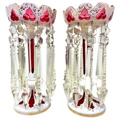 Pair Antique Bohemian Ruby, White and Clear Glass Candle Lusters, Circa 1840