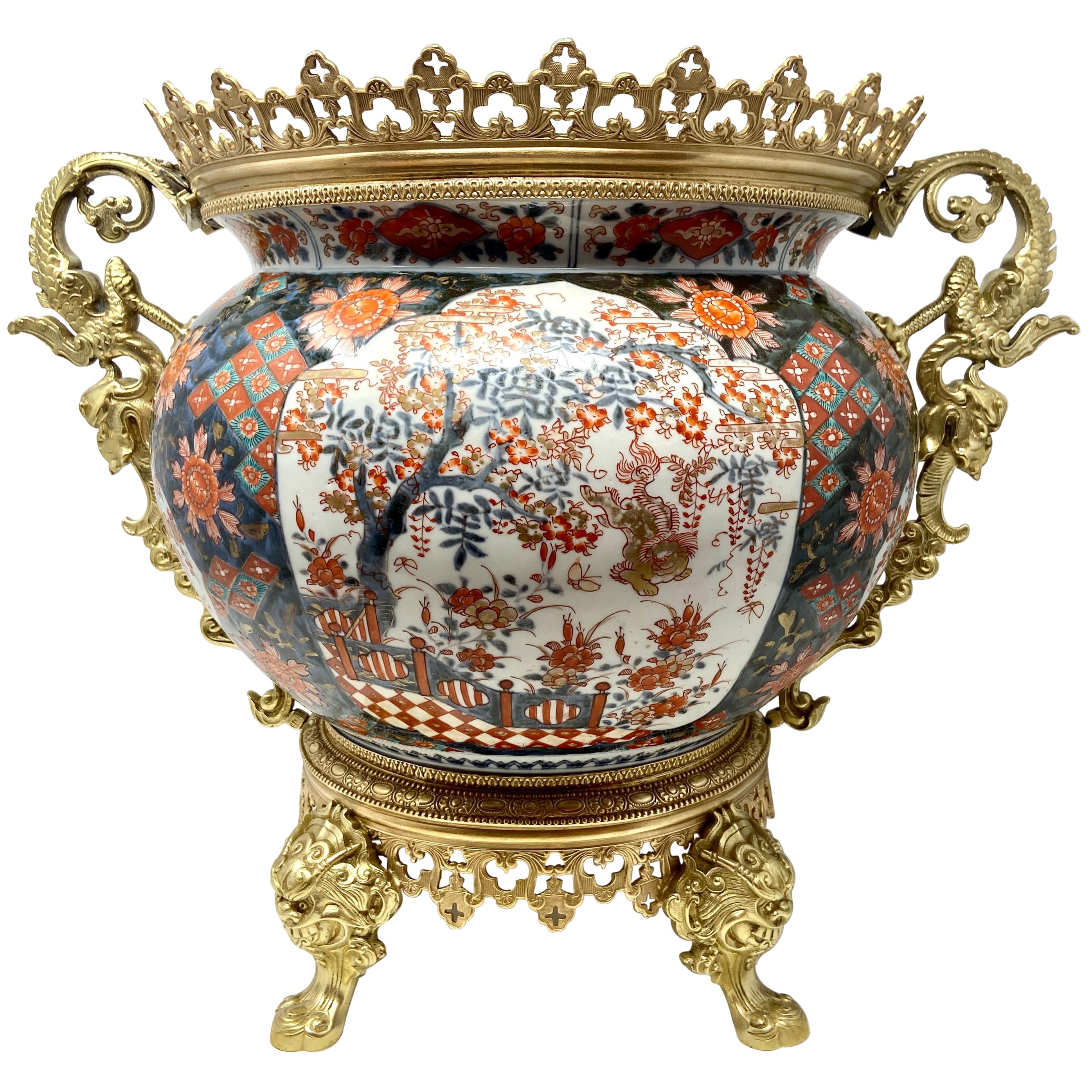 Antique Imari Porcelain Jardiniere with Bronze Mounts, circa 1895 For Sale