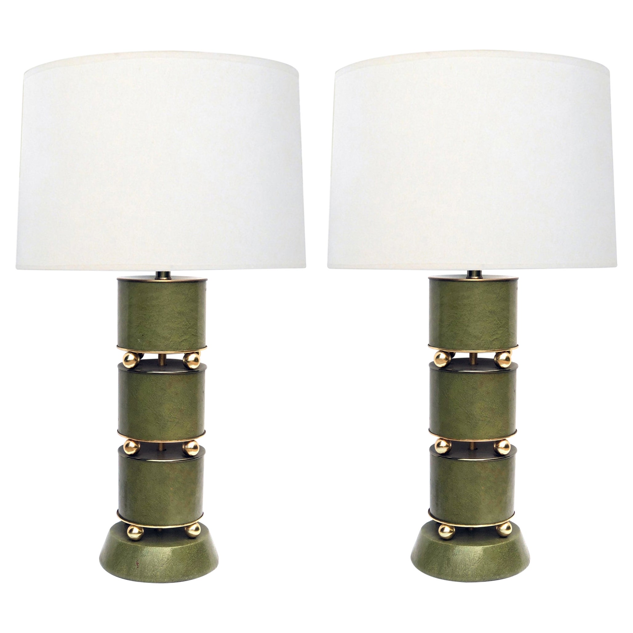 Stylish Mid-Century Green Leather Clad Lamps with Brass Spheres