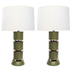 Stylish Mid-Century Green Leather Clad Lamps with Brass Spheres