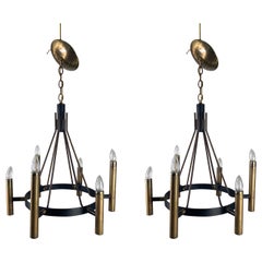 Matched Pair Modernist Brass and Iron 6-Light Chandelier by Lightolier