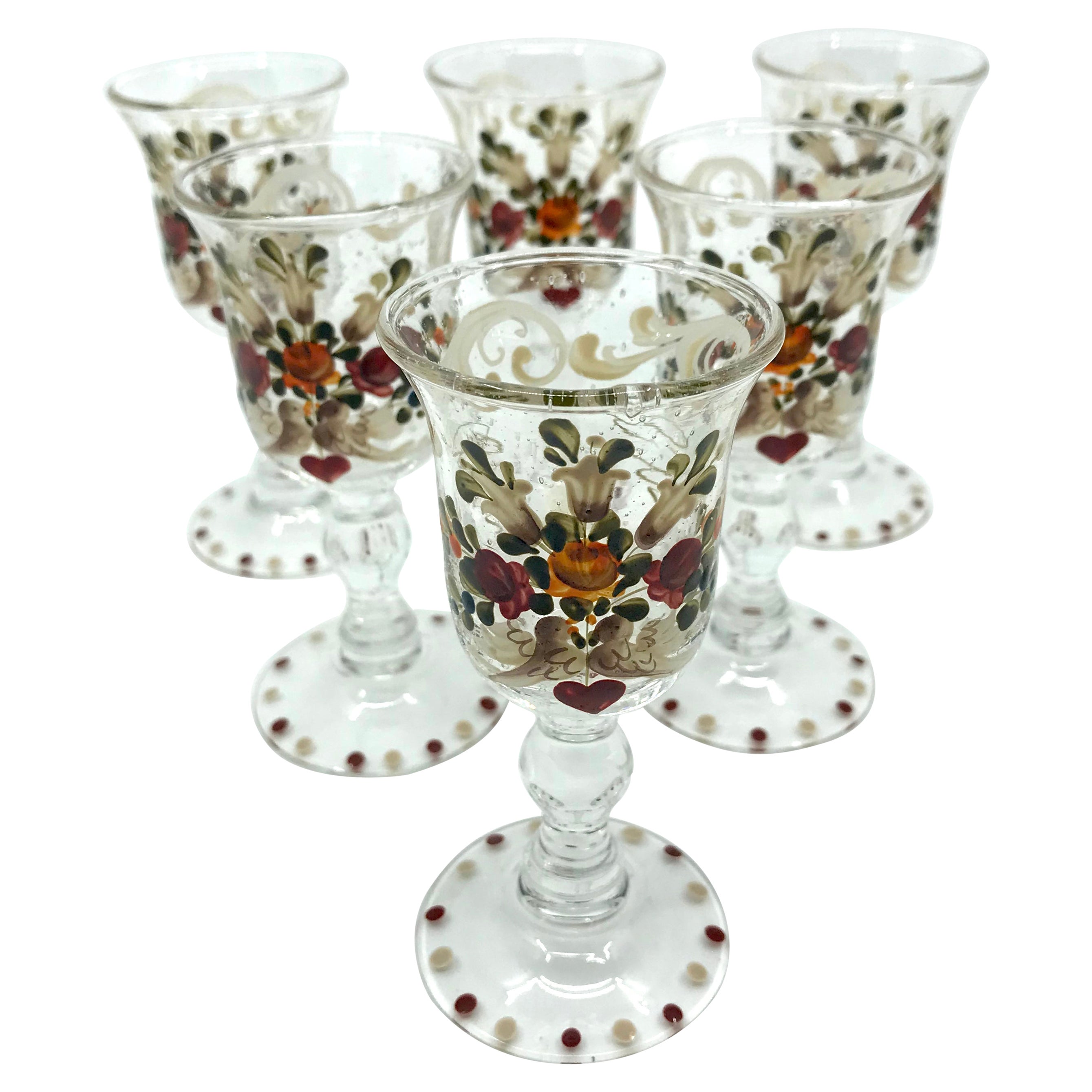 Set of Six French Painted Sherry Glasses
