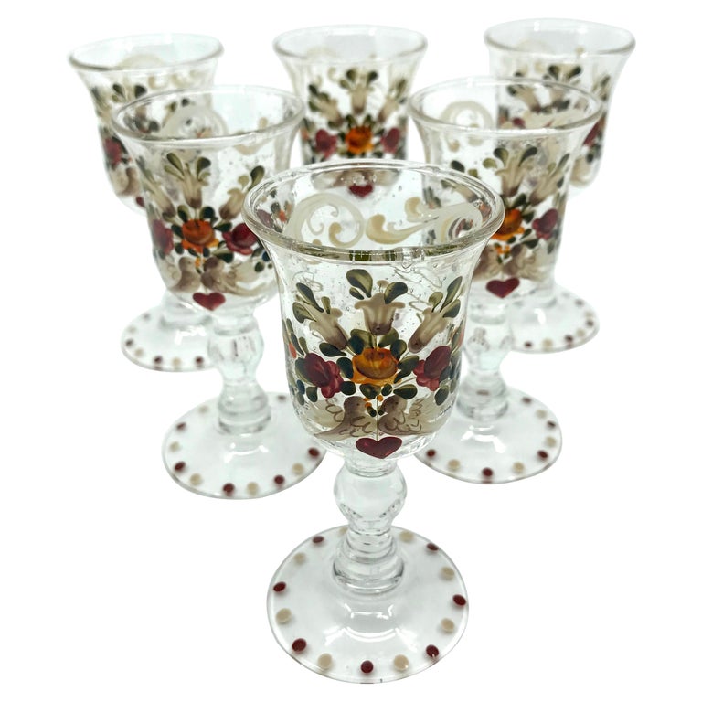 Set of Six French Painted Sherry Glasses For Sale