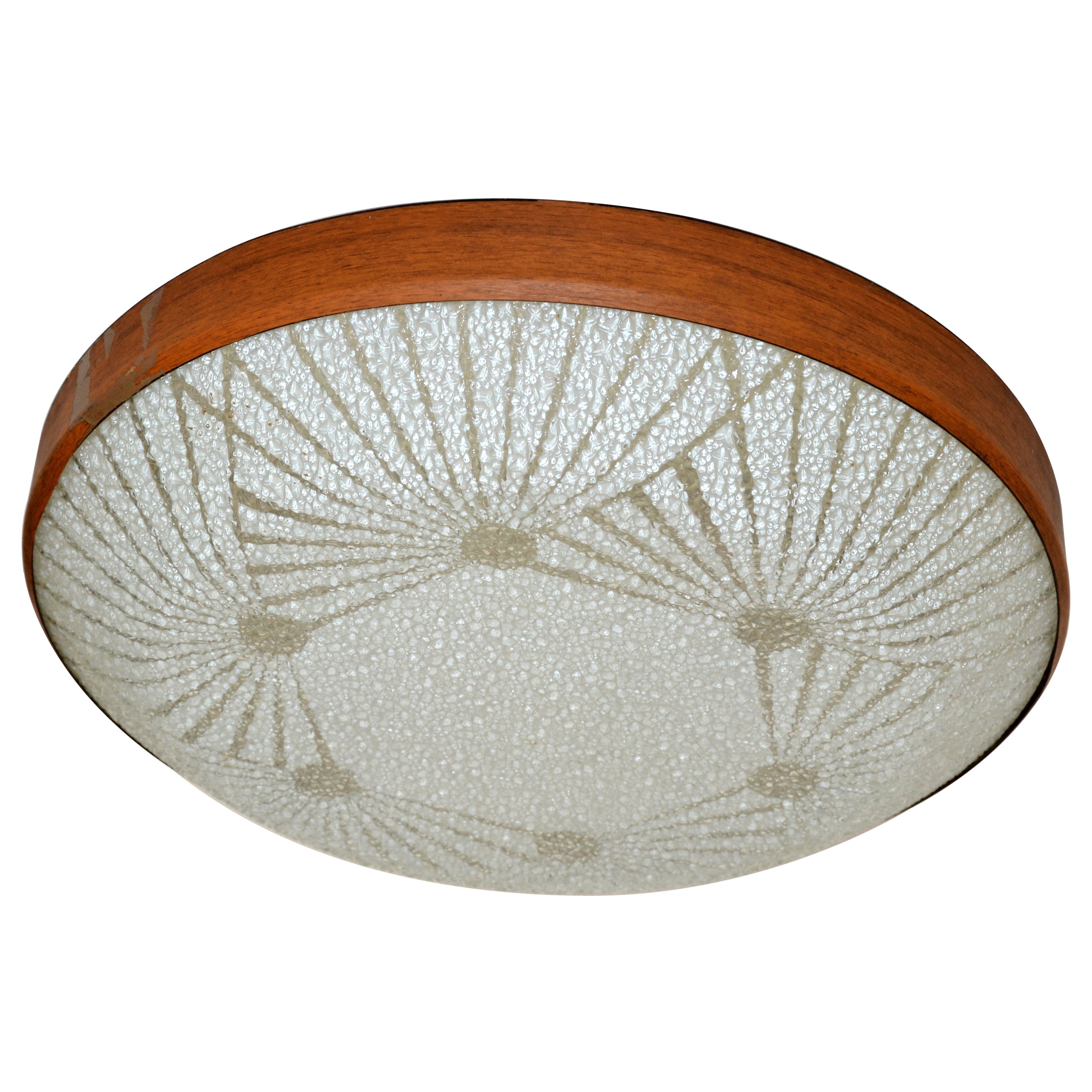 Austrian Frosted Glass & Teak Flush Mount Mid-Century Modern For Sale