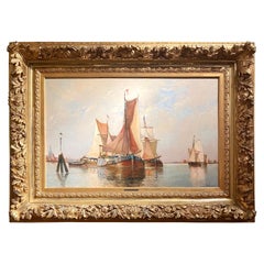 Antique 19th Century Belgian Oil on Canvas Seascape Painting by H. Meullemans