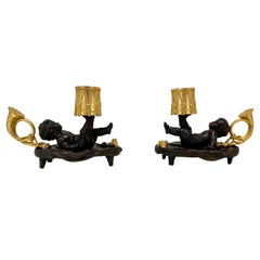 Pareja de Bastones de Cámara Antiguos de Bronce Dorado y Patinado Montados en Querubines S. XIX