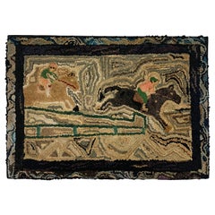 Vintage Folk Art Wall Mounted Rug Depicting Steeplechase Horse Jumpers, Circa 1930s