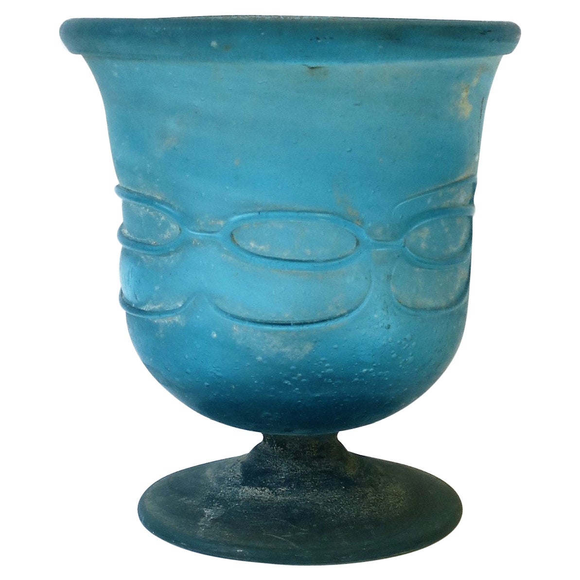 Postmodern Italian Scavo Blue Art Glass Urn Vase Vessel