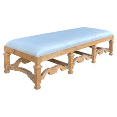 Vintage French Style Stripped Oak Ottoman in Blue Linen 