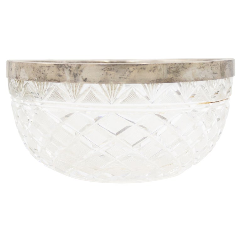 Crystal Glass Bowl With Silver Rim Large-sized Centerpiece or