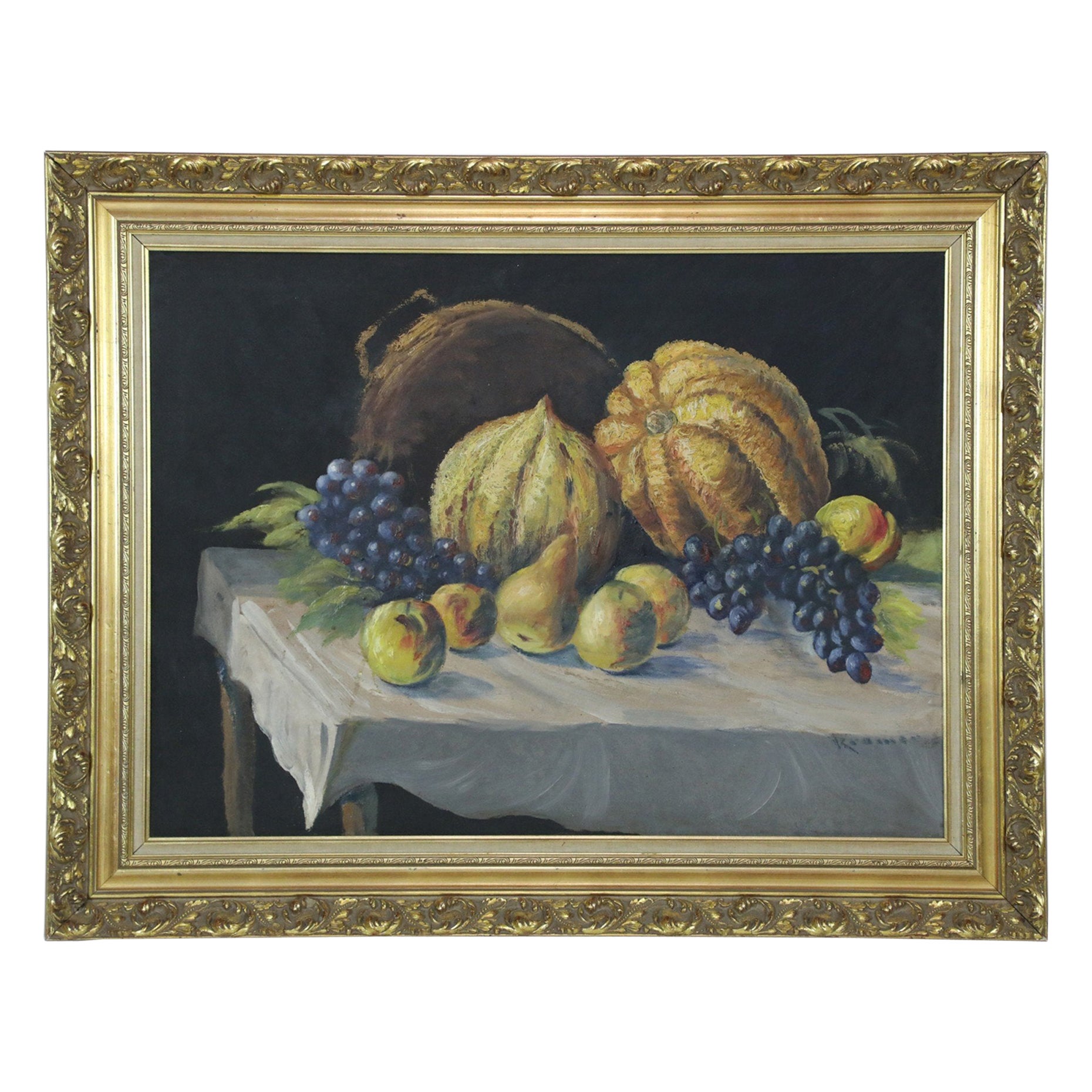 Still Life Painting of Gourds in 19th Century Giltwood Frame