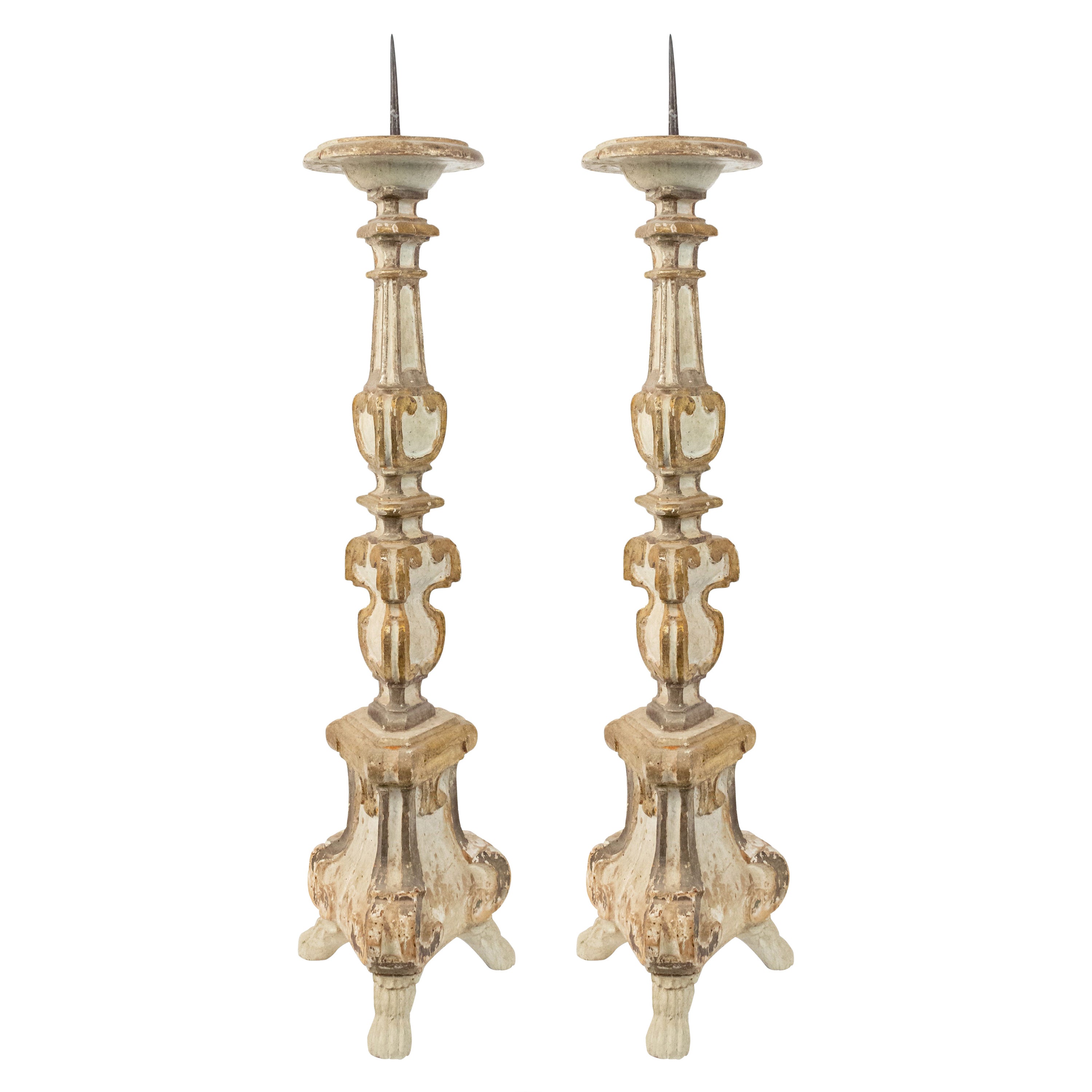 Pair of Italian Neoclassic White and Gilt Candlesticks