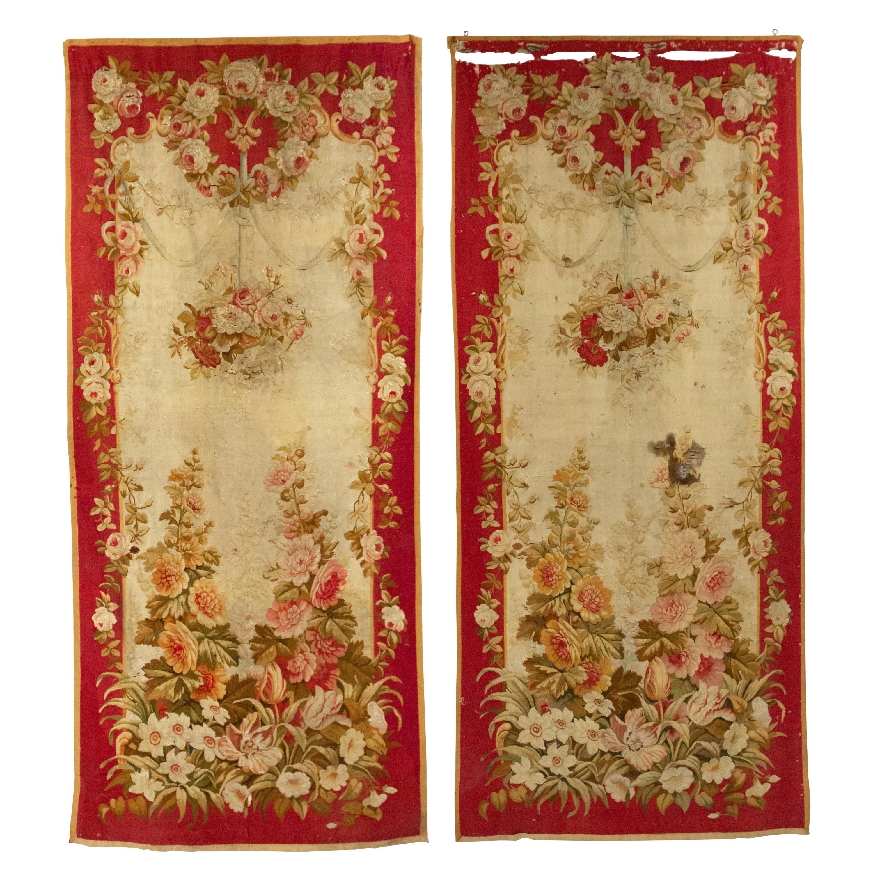 Pair of French Victorian Red Aubusson Wall Hangings For Sale