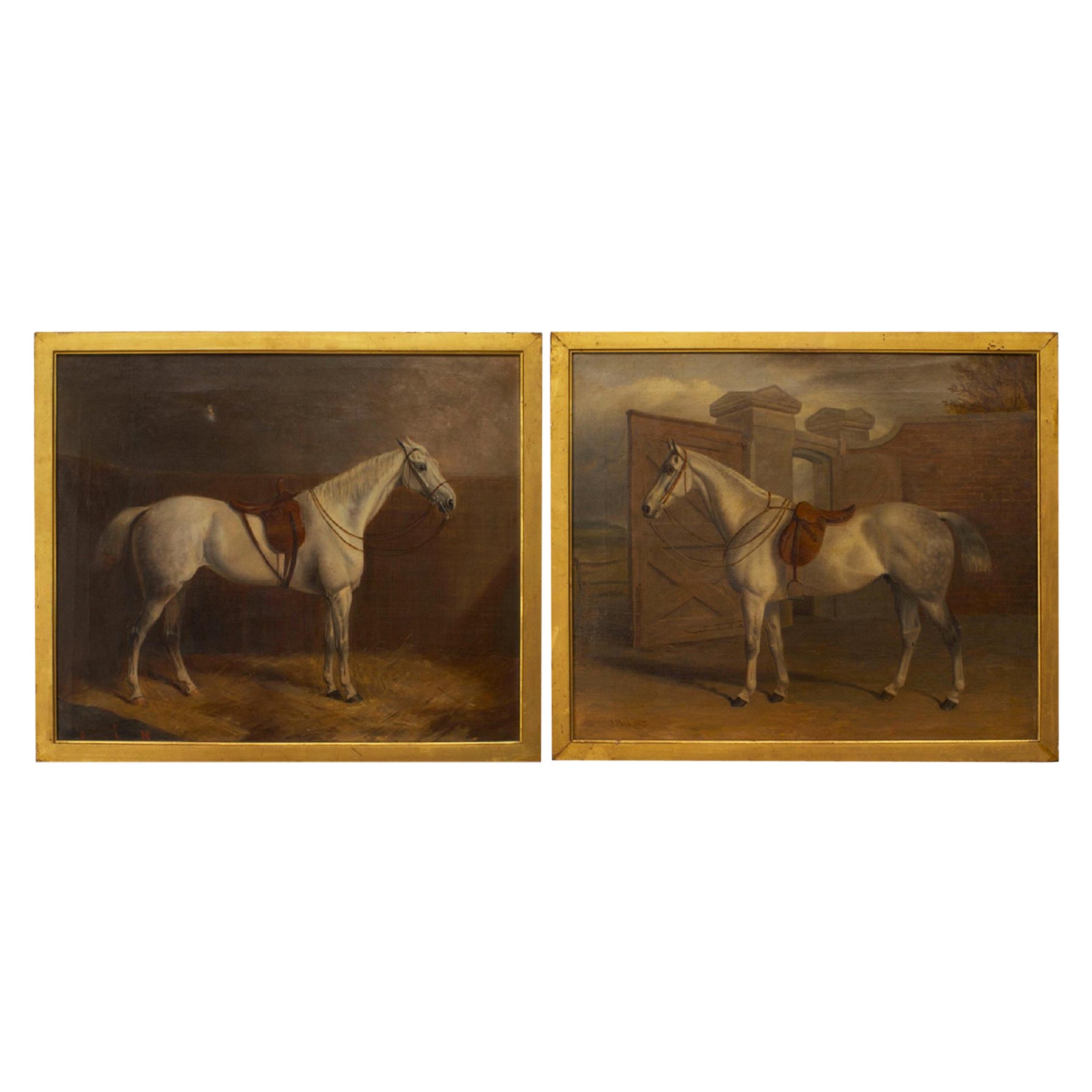 19th Century Pair of English Victorian Horse Oil Paintings Signed