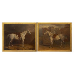 Antique 19th Century Pair of English Victorian Horse Oil Paintings Signed