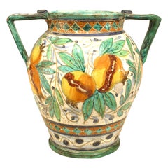 Antique Italian Neoclassic Majolica Earthenware Vase with Bird