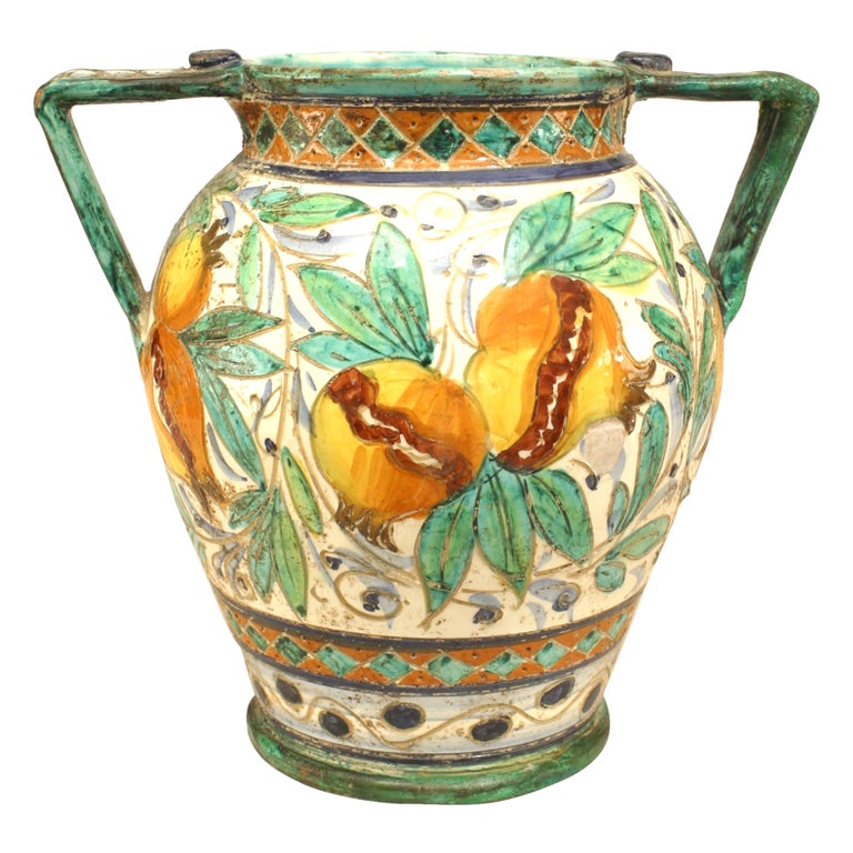 Italian Neoclassic Majolica Earthenware Vase with Bird For Sale