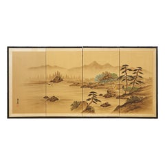 Japanese Showa Four Panel Screen Landscape with Figures