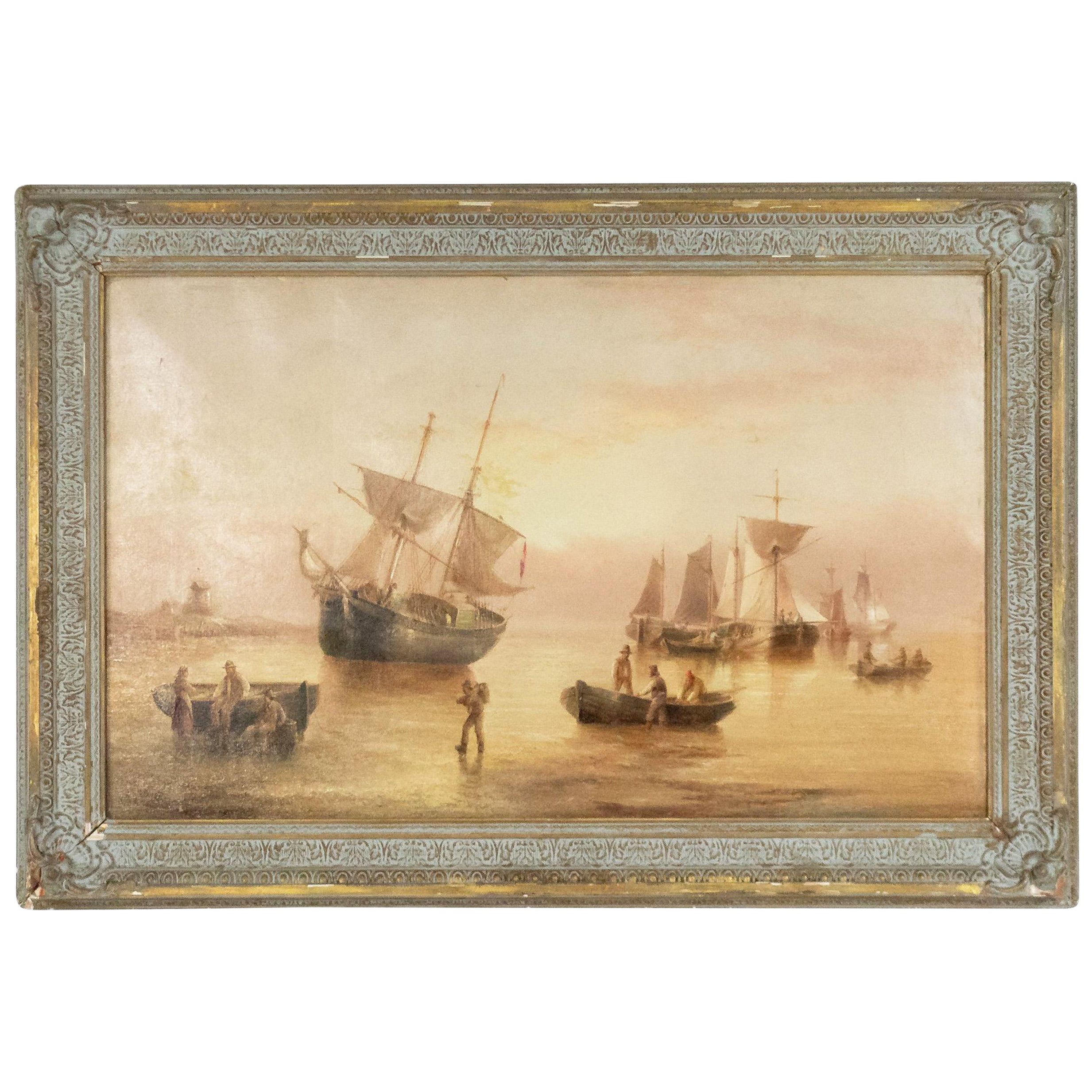 Peinture anglaise victorienne du 19ème siècle représentant des bateaux de pêche dans un cadre doré