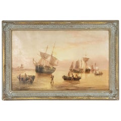 Peinture anglaise victorienne du 19ème siècle représentant des bateaux de pêche dans un cadre doré