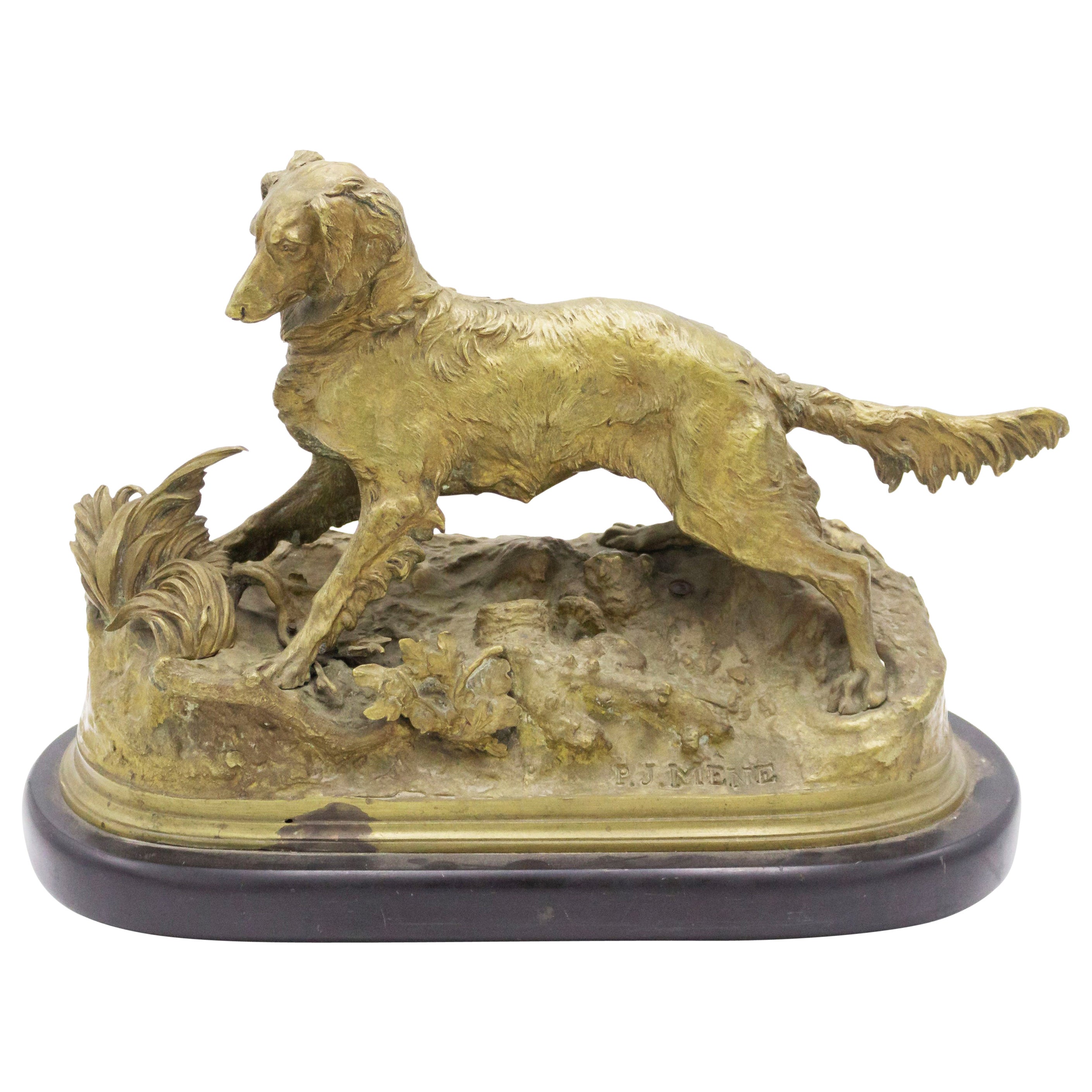 Figure de chien victorienne française en bronze sur socle ovale en marbre