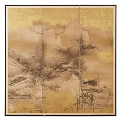 Japanese Edo Period Unkoku School Screen Gilt Mountain Landscape