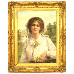 Antique Pre-Raphaelite Framed English Oil Portrait of a Young Woman