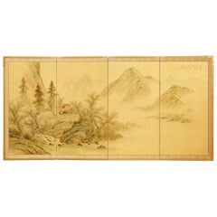 Japanese Showa Four Panel Screen Spring Landscape on Silk