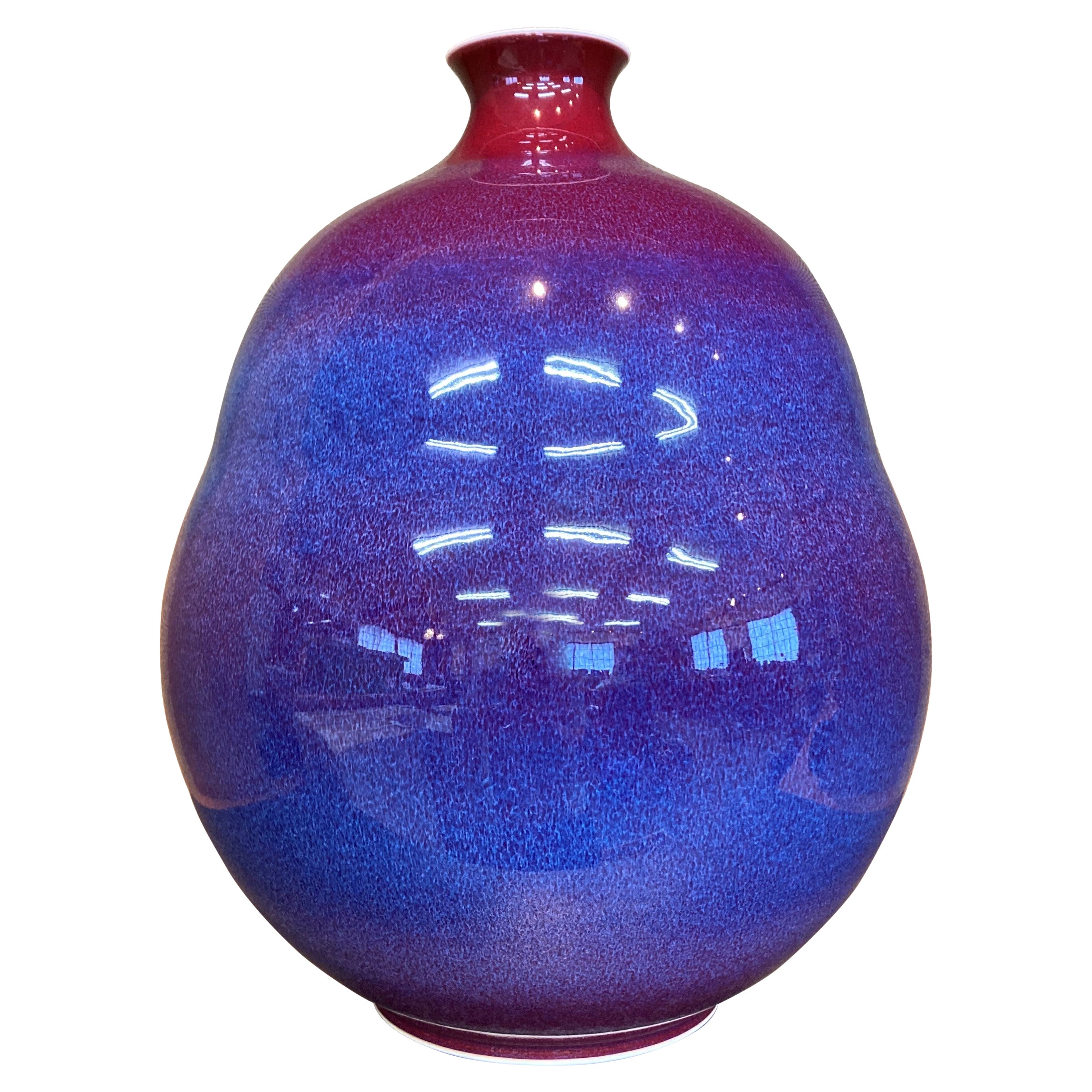 Japanese Contemporary Red and Blue Hand-Glazed Porcelain Vase by Master Artist For Sale