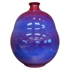 Japanese Contemporary Red and Blue Hand-Glazed Porcelain Vase by Master Artist