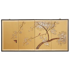 Vintage Japanese Showa Four Panel Screen Songbirds in Cherry Blossoms
