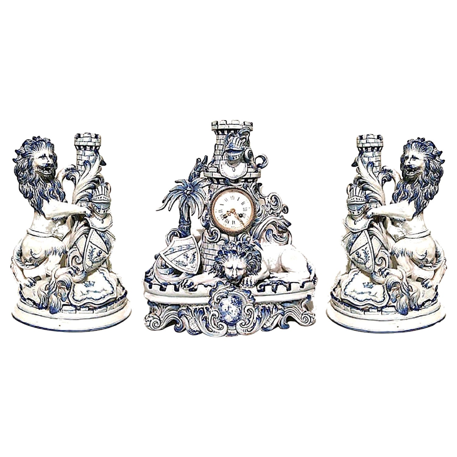 Set of 3 French Victorian Porcelain Lion Clock Set For Sale