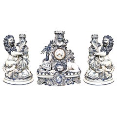 Set of 3 French Victorian Porcelain Lion Clock Set
