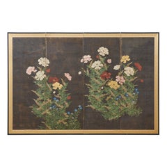Japanese Edo Period Four Panel Screen Flowering Peony