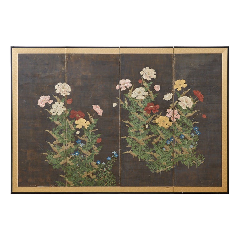 Japanese Edo Period Four Panel Screen Flowering Peony For Sale