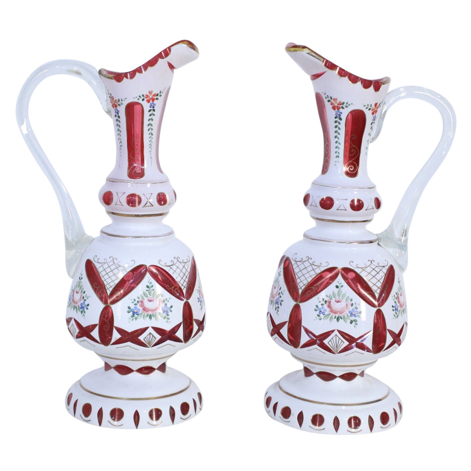 Pair of Victorian White and Ruby Opaline Glass Ewers For Sale